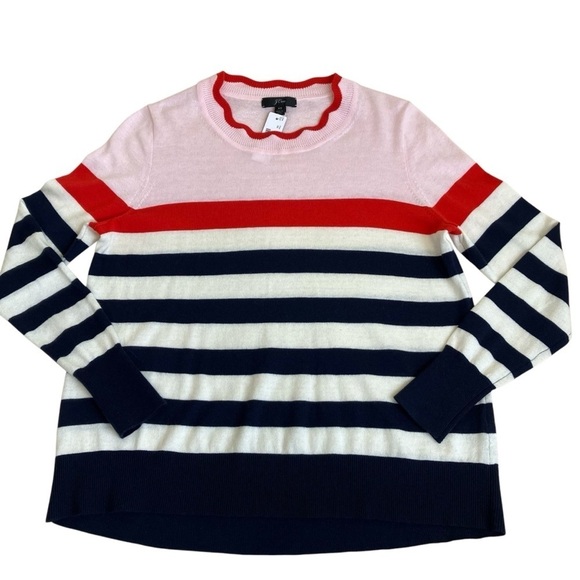 J. Crew Scallop Trimmed Pullover Striped Sweater Wool Blend Nautical NWT Sz XS - Picture 7 of 15